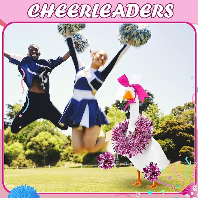 3 Pcs Cheerleader Porch Goose Outfit Poseable Wings with Pom Poms Garland and Bow for 23" Lawn Cement Goose Football Halloween Garden Patio Yard Outdoor Classroom Decorations (Hot Pink)