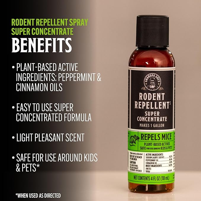 Grandpa Gus's Super Concentrate Rodent Repellent, 4 oz Makes 1 Gallon, Natural Peppermint Oil Spray, Humane Mice & Rats Control for Home & Garden, 4 oz