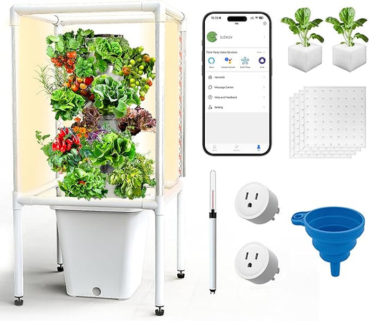 Sjzx Hydroponics Growing System, 18-Plant Indoor Vertical Garden with LED Timing Grow Light, Germination Kit Including Water Level, 2Pcs Smart Plug