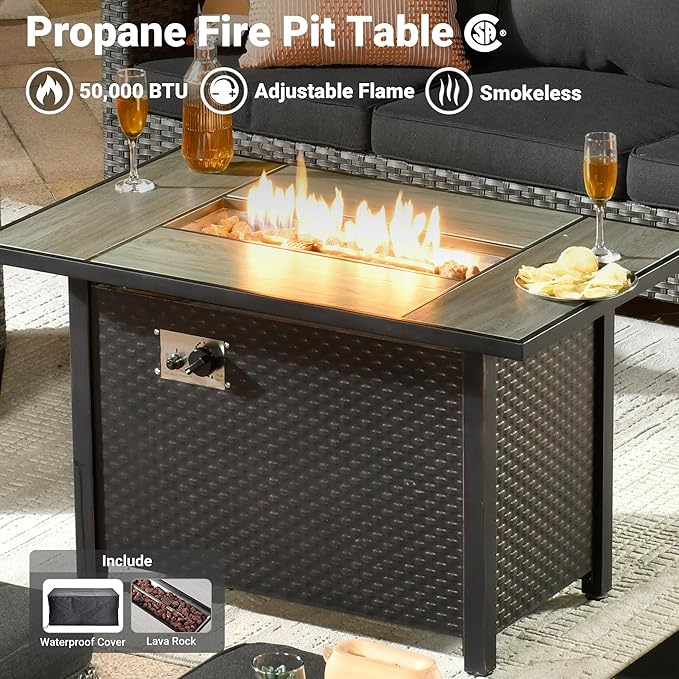 ovios Patio Furniture Set, 6 Pieces Outdoor Wicker Sofa Couch with Fire Pit Table, Ottomans and Comfy Cushions, All Weather High Back Rattan Conversation Set, Black