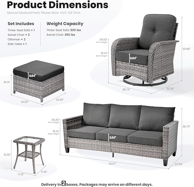 ovios 6 Pieces Patio Furniture Set, Outdoor Wicker Sofa Couch with Rocking Swivel Chairs Comfy Cushions, Modern Deep Seat Rattan Conversation Sets for Porch Deck, Black