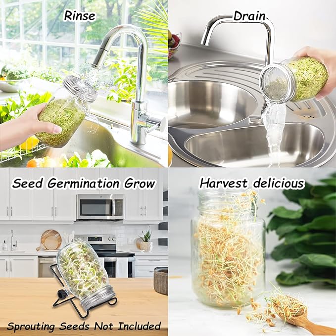 Sprouting Jar Kit, Wide Mouth Quart Mason Jars with Screen Sprout Lids & Stand, Seeds Germination Growing Kit, Seed Sprouter Set for Growing Organic Broccoli Alfalfa Mung Microgreens Bean (1Pack)