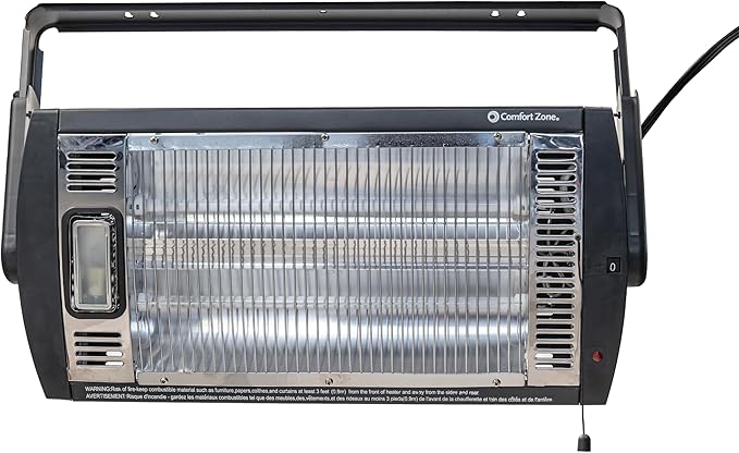 Comfort Zone CZQTV5M 750/1,500-Watt Ceiling Mounted Dual Quartz Radiant Heater with 90-Degree Adjustable Tilt, Metal Safety Grille, Overheat Protection (Hardware Included), Black