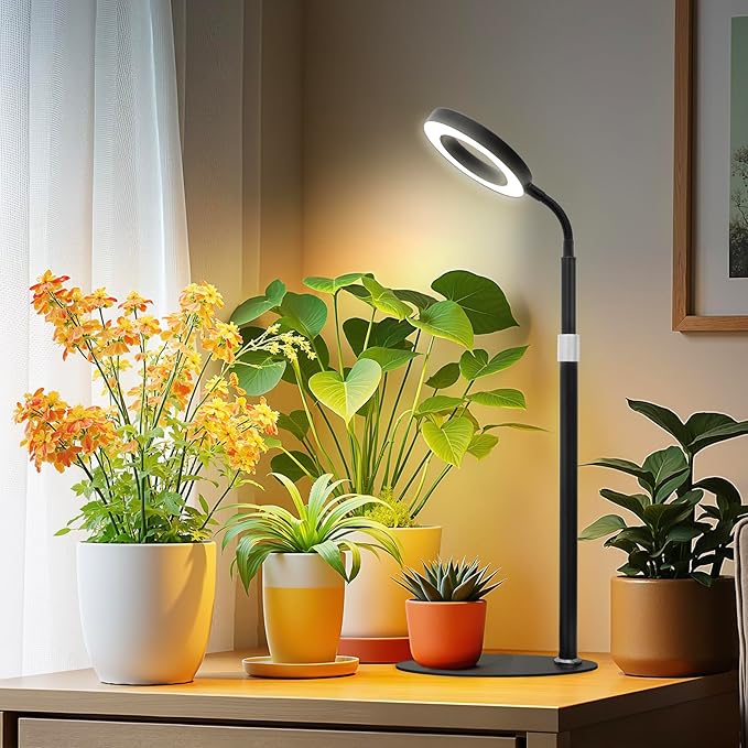Desk Grow Lights for Indoor Plants, Red Blue UV Full Spectrum Desktop LED Plant Growing Lamps, Height Adjustable 14-24inch, 3/9/12H Auto Timer,10 Levels Dimmable, Black Table Growth Light