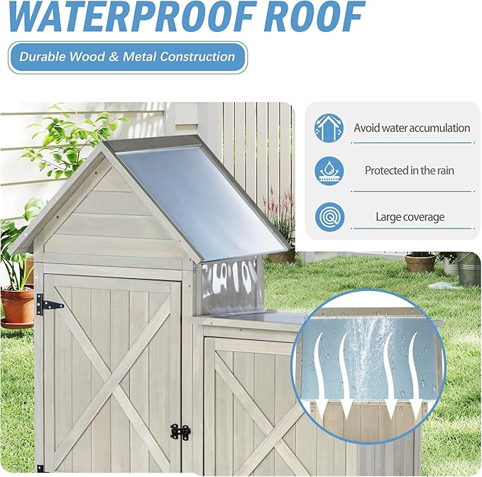 Outdoor Storage Cabinet - Waterproof Metal Roof & Wooden Vertical Design, Tall Garden Tool Shed with Multiple Shelves for Patio, Backyard, Lawn, Yard (Gray, 22" x 46" x 67")