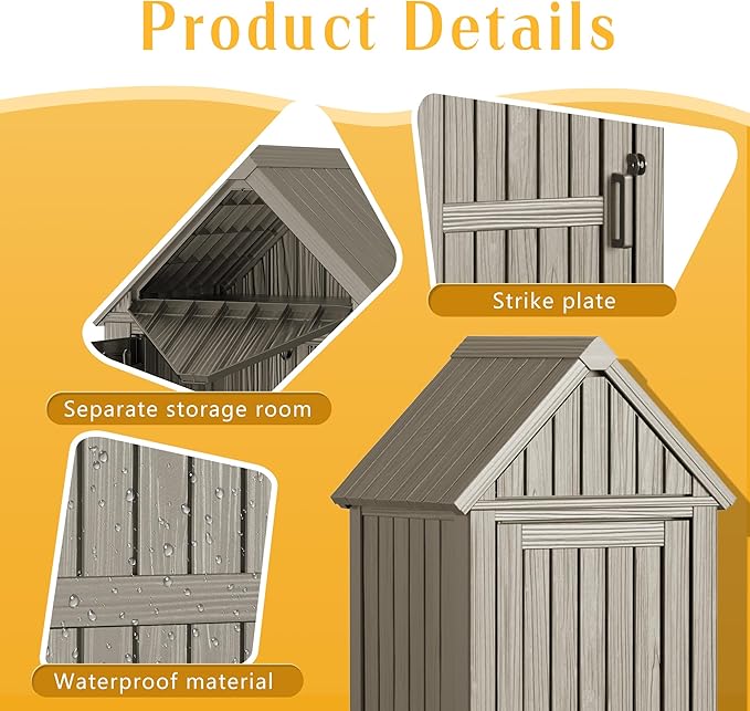 Storage Shed Outdoor Lockable,Waterproof Resin Garden Tool Shed, Heavy-Duty Weather-Resistant Cabinet for Patio, Backyard, or Garage (Grey)