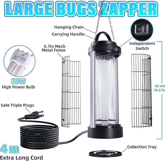 Large Size Bug Zapper Outdoor for 1/2 Acres with 13FT Power Cord, 4000V Instant Killing Grid Removable Hanging High Power Outdoor Mosquito Killer, Fly Trap Lamps for Camping Patio Home