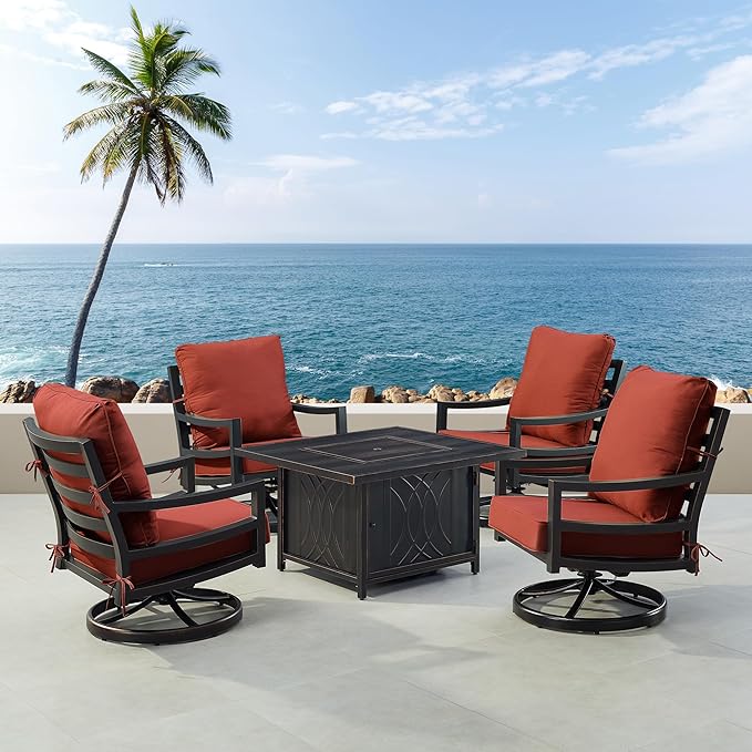Oakland Living Black Aluminum Patio Fire Table Set with Four Club Chairs with Red Cushions