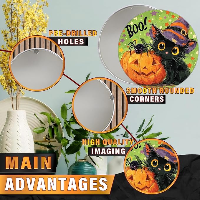 PEACHGARDEN Halloween Black Cat Round Metal Tin Sign Vintage Boo Decor Pumpkin Retro Wall Art Plaque Iron Painting 12x12inch