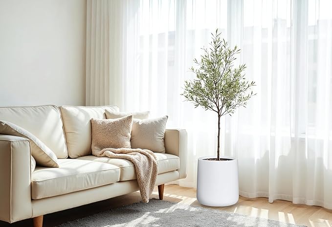 14" H x 13.7" D Conico Fiberstone Round Planter with Drainage Hole, Smooth Finishes, Weather Resistant for Indoor and Outdoor Use, Included 2 Extra Coco Mats (White, 10.6" Pot Opening)