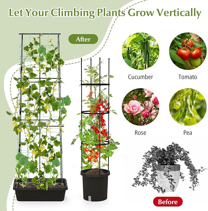 Happygrill 2 Pack Tomato Cage, Metal Garden Trellis w/Adjustable Height & Self-Watering System for Vines Potted Plants Vegetables, Tall Plant Support Tomato Trellis w/Planter Box