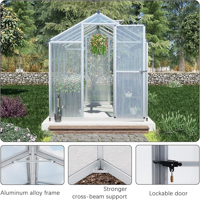 BPS 6' x 8' Walk-in Polycarbonate Greenhouse with Heavy-Duty Aluminum Frame, 1 Vent Window & Lockable Door for Outdoor, Patio, Backyard, and Garden Use