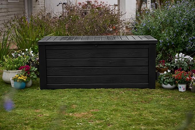 Keter Westwood 150 Gallon Resin Large Outdoor Storage Box for Patio Furniture, Outdoor Cushions, Garden Tools and Pool Floats, Dark Grey