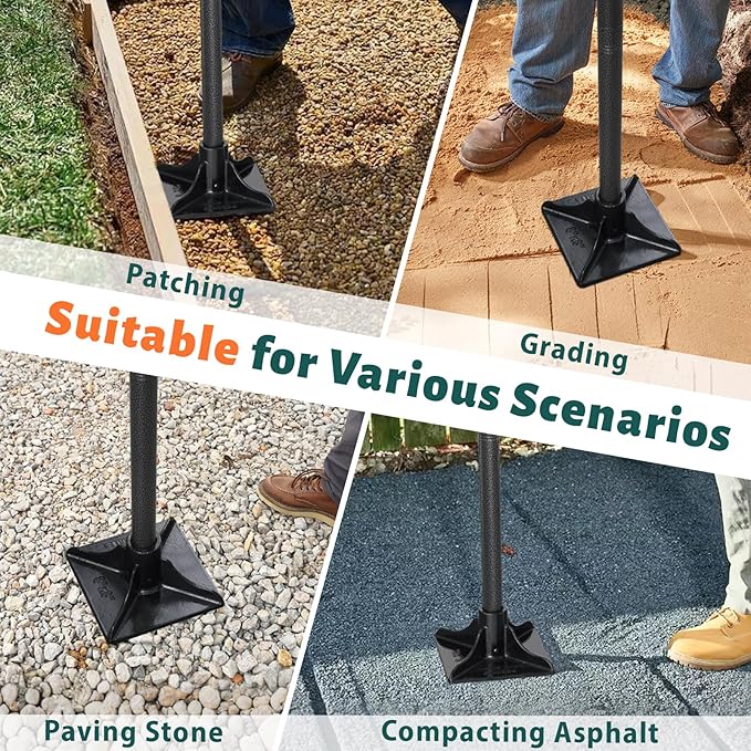 Tamper Tool Heavy Duty 8"x8" Steel Tamper with Adjustable 61 inch Handle Laborsaving Garden Tamper Landscaping Tools for Leveling Soil, Patching, Grading, Paving Stone, Compacting Asphalt