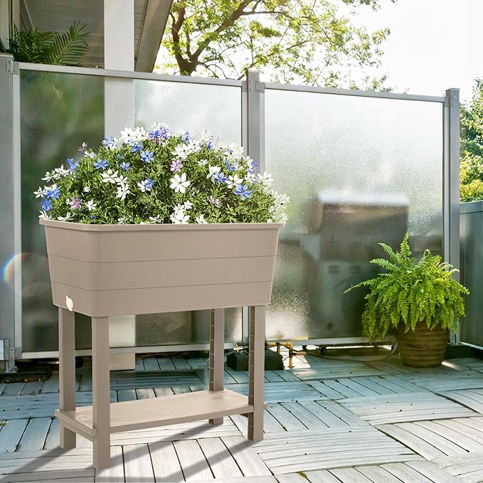 Aoodor 30" x 14" x 29" Raised Planter Box with Legs, Storage Shelf, Drainage Plug, and Water Level Indicator, for Vegetables, Flowers, Herbs, Outdoor Use, Set of 3, Khaki