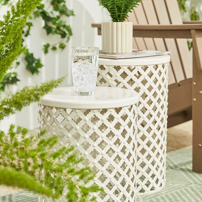 Glitzhome Outdoor Side Table Set of 2, Decorative Garden Stool for Indoor Outdoor Heavy Duty Metal Frame Accent Table Modern End Table, Glossy White