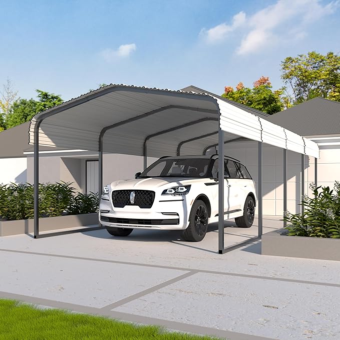 12x20 FT Outdoor Carport with Metal Roof, Heavy Duty Metal Carport Canopy, Garage Car Shelter Shade for Car, Truck, Boat, Eggshell