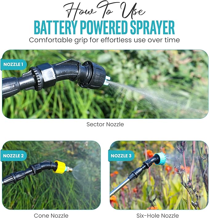 Automatic Battery Powered Sprayer – 1.35 Gal Cordless Electric Sprayer with Zero Pump, Electric Water Sprayer with 3 Nozzles, USB Rechargeable Handle, & Adjustable Shoulder Strap