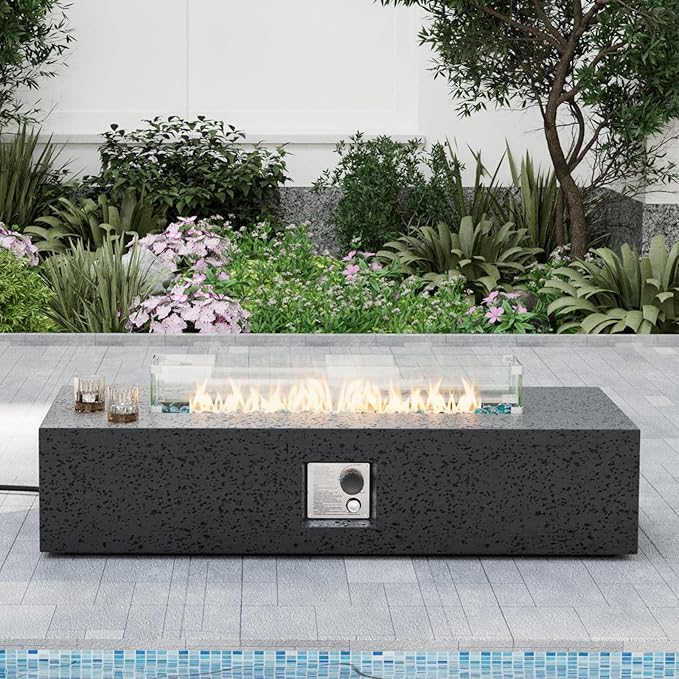 SUNBURY Outdoor Propane Burning Fire Pit, 56x28 inch Square Patio Fire Table 50,000 BTU Fire Pit for Outside with Waterproof Cover and Blue Glass Stones, Light Gray