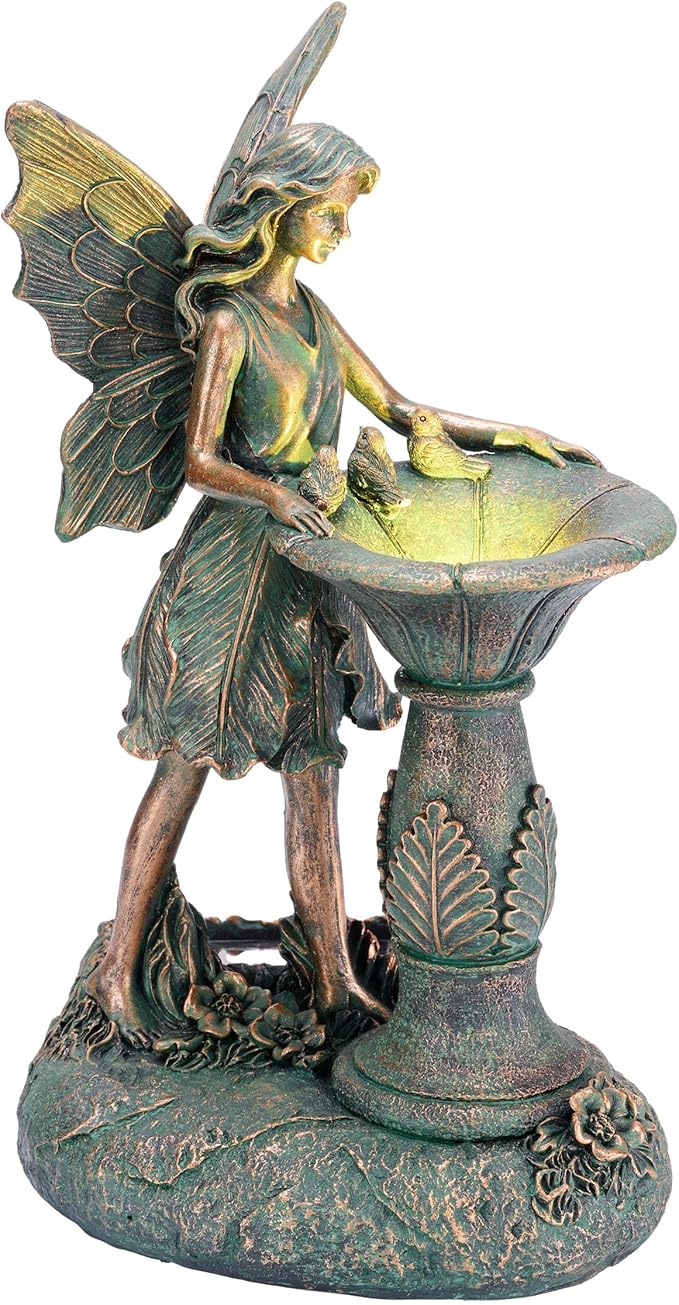 TERESA'S COLLECTIONS Fairy Garden Statues with Solar Outdoor Light for Outdoor Decor, Bronze Fairy Resin Garden Sculptures & Statues Decor, Yard Art for Lawn Housewarming Gifts for Mom 9.4"