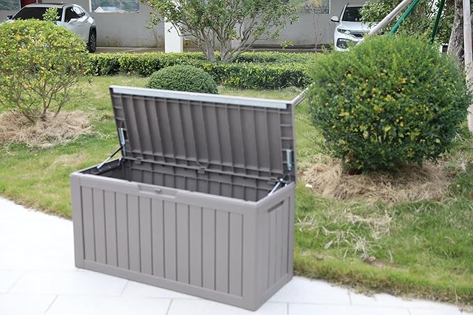 BTEXPERT 80 Gallon Deck Box Outdoor Storage Container Stainless Steel Rods for Patio Furniture Garden Tools Cushions Pool Supplies Sports Equipment Waterproof Lockable UV Resistant Set of 2