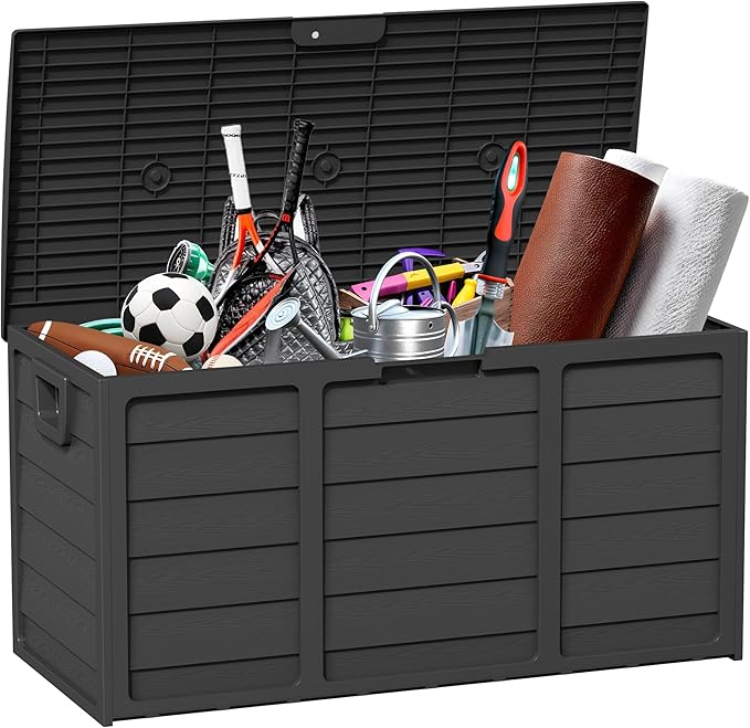 75 Gallon Outdoor Deck Box - Durable Resin Storage with Lockable Lid, for Patio Furniture Cushions, Pillows (Black)