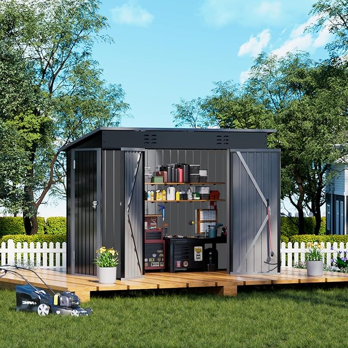 COMHOMA Shed Outdoor Storage Shed Metal,Lockable Doors Tool Sheds with Sloping Roof,Steel Garden Shed with Air Vent for Backyard,Patio,Lawn,Poolside (Grey, 8'*4')