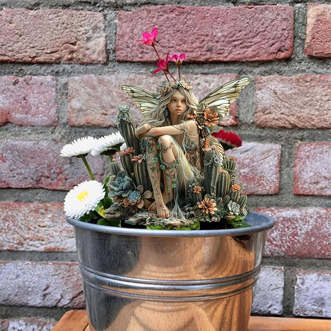Fairy Garden Stake Decor, 2D Flat Acrylic Fairy Garden Decor Panel, Elf Yard Sign for Outdoor Indoor Yard Lawn Plants Pots, Fairy Garden Accessories (Cactus Fairy)