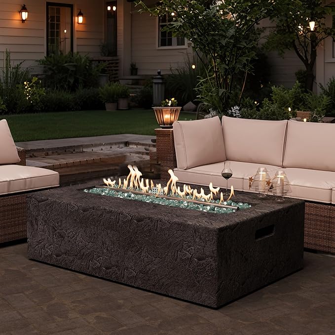 Outdoor Propane Fire Pit Table – Premium Slate-Like MgO Finish, 48-Inch Gas Fire Table for Patio, Garden & Backyard, Includes Rain Cover & Glass Beads