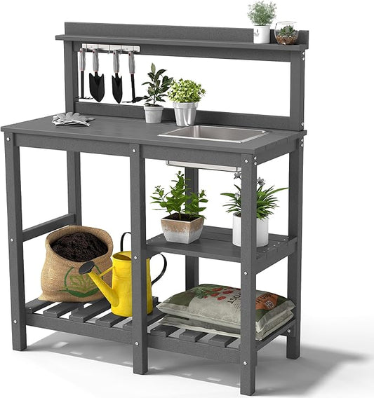 FOOWIN Potting Bench, HDPE Outdoor Potting Table with Sink, All-Weather Potting Benches for Outside, Gardening Table with Storage Shelf, Hook, for Garden, Patio, Lawns, Grey