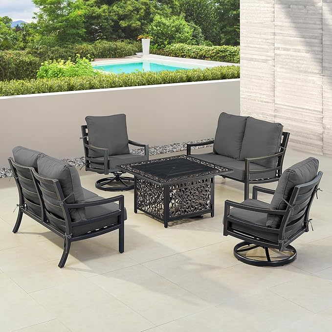 Oakland Living Black Aluminum Patio Fire Table Set with Two Deep Seating Loveseat with Cushions and Two Club Chairs with Black Cushions
