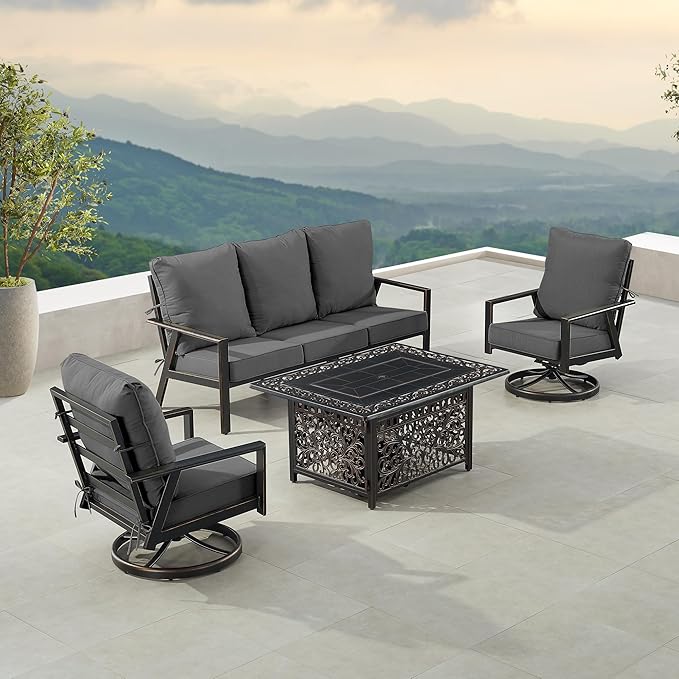 Oakland Living Black Aluminum Patio Fire Table Set with Deep Seating Sofa with Cushion and Two Club Chairs with Black Cushions