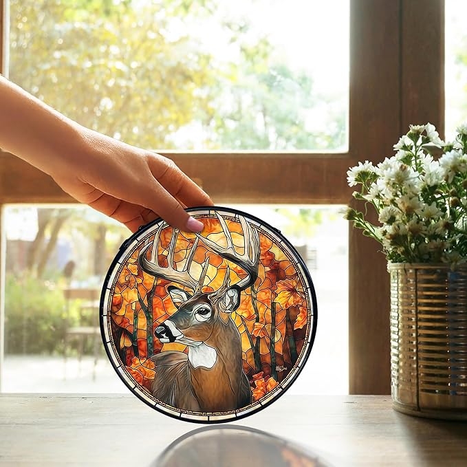 TNUW Fall Deer Stained Glass Window Hanging, Rustic Autumn Forest Wildlife Deer Sun Catchers Indoor Window Glass Round Wall Art Decor, Fall Wall Hanging Decorations, 7.9＂x7.9＂
