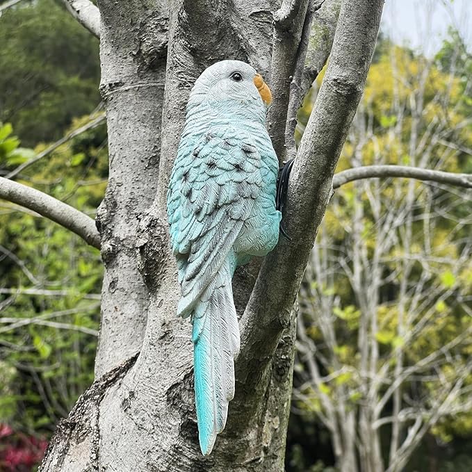 Realistic Parrot Sculpture Resin Hanging Parrots Garden Statues Lifelike Bird Figurines Landscape Ornament Patio Yard Lawn Figurine Tree Decor, Outdoor Garden Wall Statues (Bluewhite)