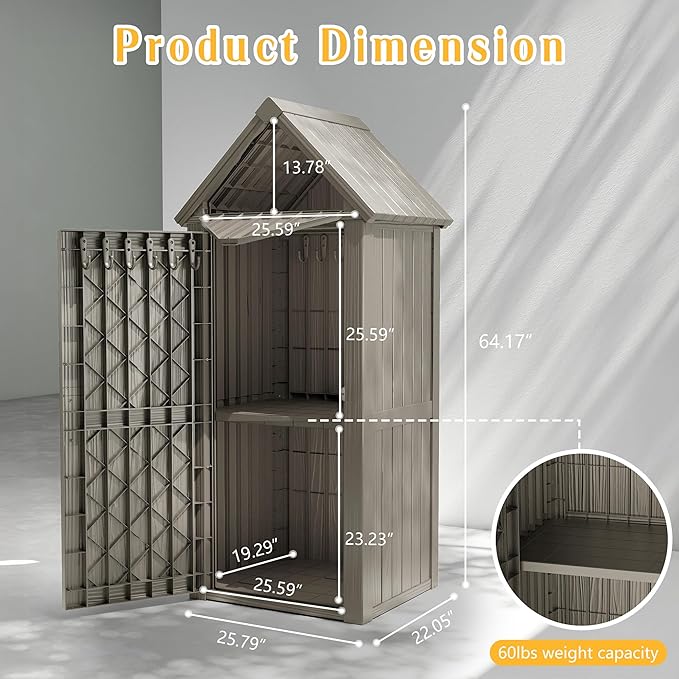 Storage Shed Outdoor Lockable,Waterproof Resin Garden Tool Shed, Heavy-Duty Weather-Resistant Cabinet for Patio, Backyard, or Garage (Grey)
