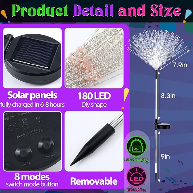 4 Pack Solar Firework Lights Decorations Garden Pathway Solar Power Light Stake Waterproof Landscape Lamp with 180 LED 8 Modes for Christmas 4th of July Party Decoration(Green, Yellow, Purple)