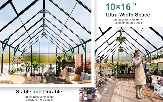 CDCASA 10x16x10 FT Greenhouse for Outdoors,Large Polycarbonate Greenhouse Aluminum Greenhouses w/3 Vents Window, Swing Door & Quickly T Connector Walk-in Green House for Outside, Backyard, Garden