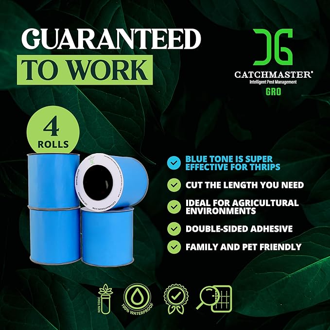 Catchmaster GRO XL AG Roll 4PK, Double Sided Adhesive Fly Tape Strips, Fungus Gnat Sticky Trap for Greenhouse, Garden, Nursery, Pest Control Gardening Supplies, Pet Safe Insect Trap, 328' x 6", Blue