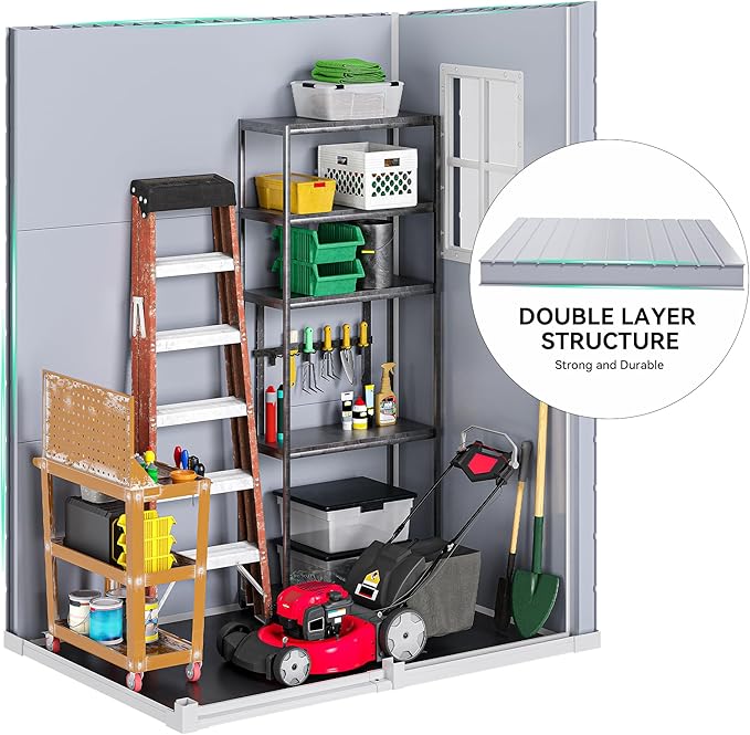 DWVO 5x3FT Outdoor Storage Shed with Fence-Style and Side Windows, Floor, Lockable Doors, Plastic Storage Shed for Backyard and Garden, Gray