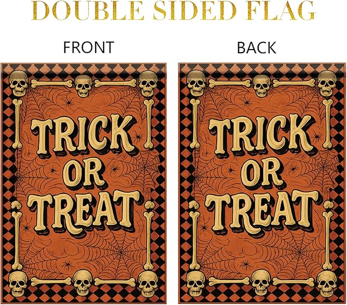 Halloween Garden Flag Trick or Treat Skulls Spider Webs Flag 12x18 Inch Double Sided Outdoor Yard Banner for Halloween Haunted House Spooky Trick or Treat Decoration Decor