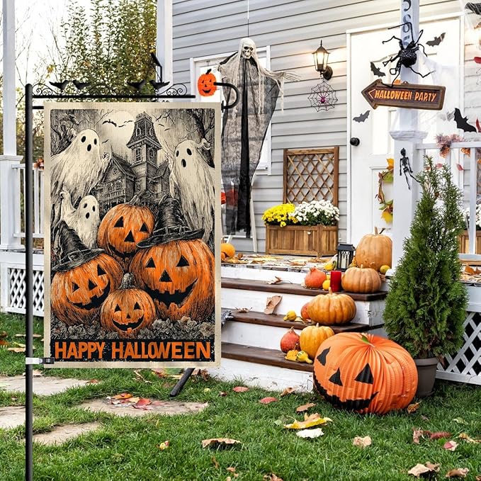 Halloween Garden Flag 12x18 Double Sided – Happy Halloween Flag for Outside, Spooky Ghosts, Pumpkins & Haunted House Yard Flag Decor for Fall Outdoor Display