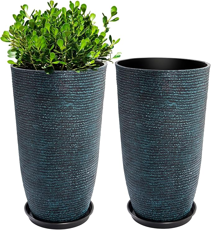 QCQHDU Large Tall Blue Planters with Saucer - 9 Gallon 12" Diameter x 21" H Faux Stone Round Pots for Indoor Plants, Outdoor Patio & Porch Decor, Heavy Duty Weatherproof Plant Containers