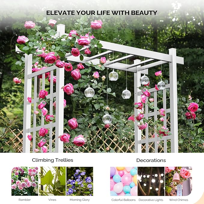 VINGLI Garden Arbor with Gate, PVC Wedding Arch for Ceremony Party, Garden Trellis for Climbing Plants Outdoor, Arch Backdrop Stand for Garden, Backyard, Lawn, Wedding