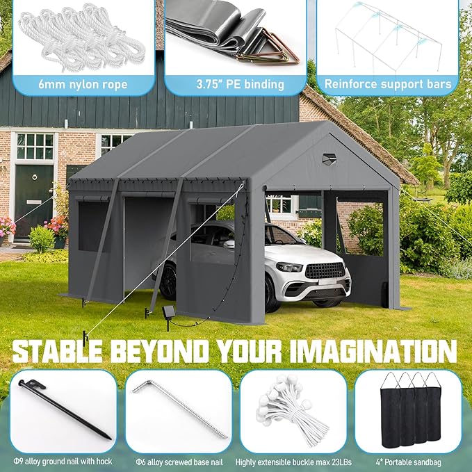 10x16 Carport Canopy, Heavy Duty Car Ports with Sidewalls, Portable Garage Carports with Roll Up Zipper End & Side Doors, Grey