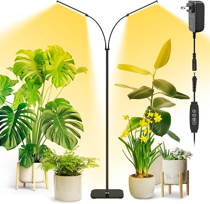 Plant Light for Indoor Growing, Full Spectrum Dual Heads Grow Light, 66.5in Extendable Stand,144 LEDs,10-Level Dimmable, Auto Timer, Adjustable Gooseneck Floor Lamp for Tall Large Plants