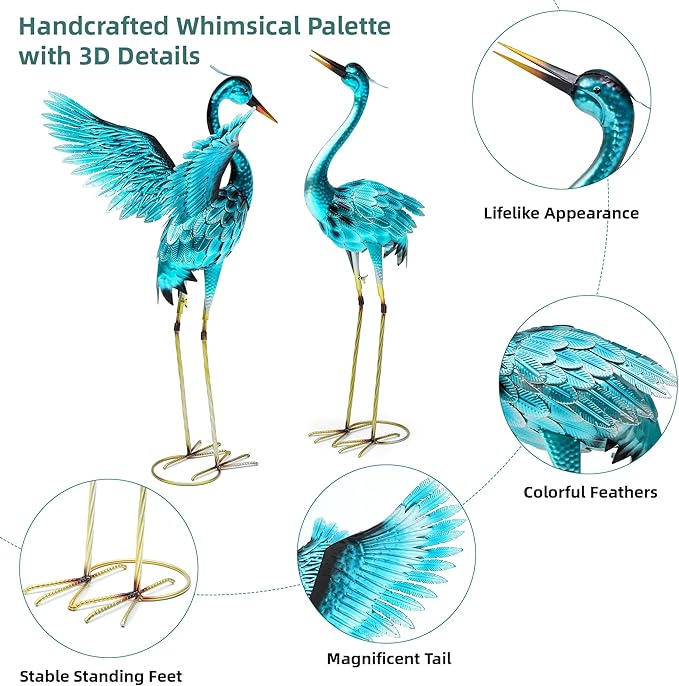 Autodaya 36.75" Metal Crane Garden Statue, Handcrafted Oversized Blue Heron Decor Sculptures with Stable U-Ground Stakes, Backyard Decoration, Metal Garden Bird Animal Yard Art, Lawn Ornament Decor