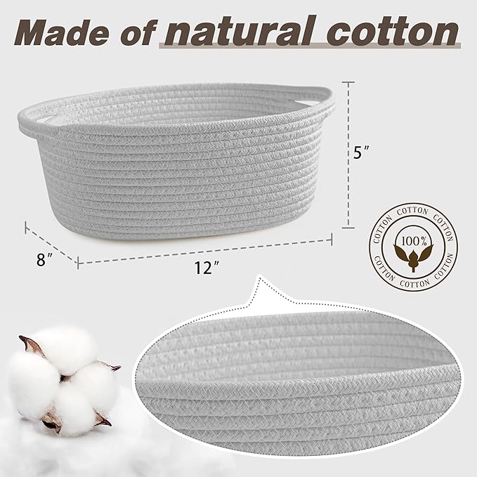 Pro Goleem Small Woven Basket with Gift Bags and Ribbons Durable Baskets for Gifts Empty Small Rope Basket for Storage 12"X 8" X 5" Baby Toy Basket with Handles, Gray