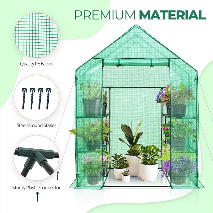 EAGLE PEAK Walk in 3-Tier Greenhouse with Wire Shelves, Portable Indoor and Outdoor Green House with Roll-Up Zippered Door & 2 Roll Up Windows, 8 Shelves, 56"x56"x77", Clear/Green PE Cover