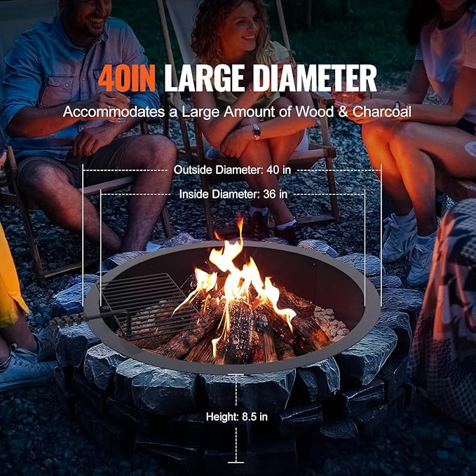 VEVOR Fire Pit Ring, Fire Pit Insert with Barbecue Fire Ring, 40-in Outer/36-In Inner Diameter, 8.5in Height, Carbon Steel Liner DIY Campfire Ring Above/In-Ground, for Outdoor Camping, Bonfires
