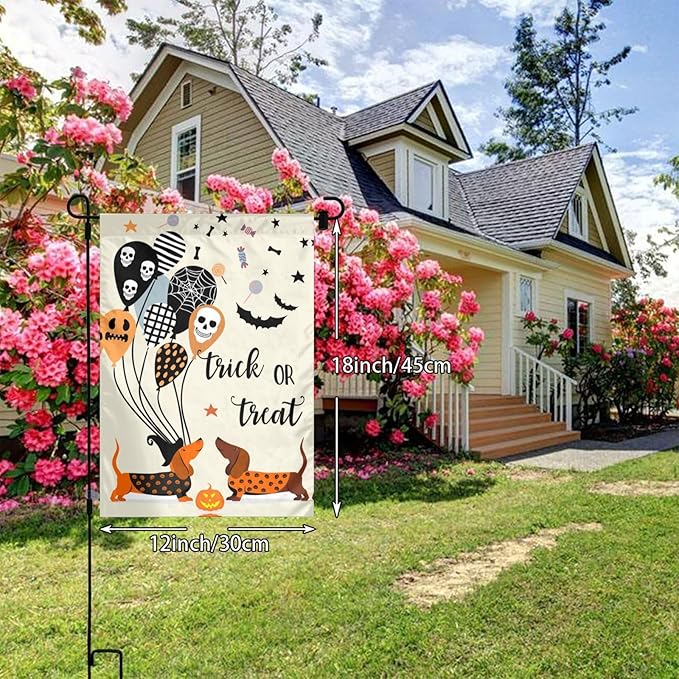 Dachshund Bat Skull Dog Halloween Garden Flag Welcome Party Outdoor Outside Decorations Picks Home House Garden Yard Decor 12x18 Inch